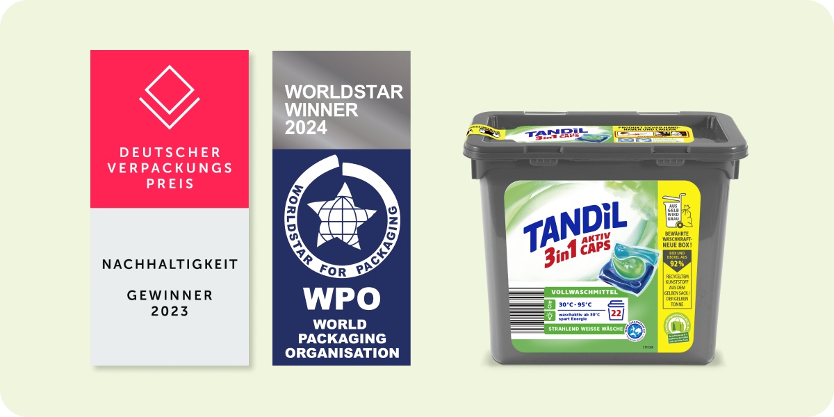 Tandil 3in1 Aktiv Caps Verpackung mit Deutscher Verpackungspreis 2023 und WorldStar Award 2024 Auszeichnungen.