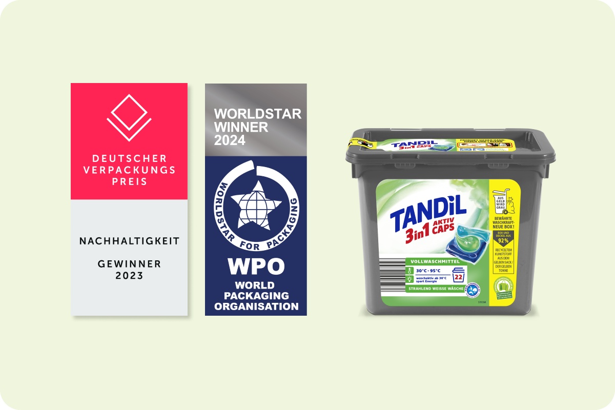 Tandil 3in1 Aktiv Caps Verpackung mit Deutscher Verpackungspreis 2023 und WorldStar Award 2024 Auszeichnungen.