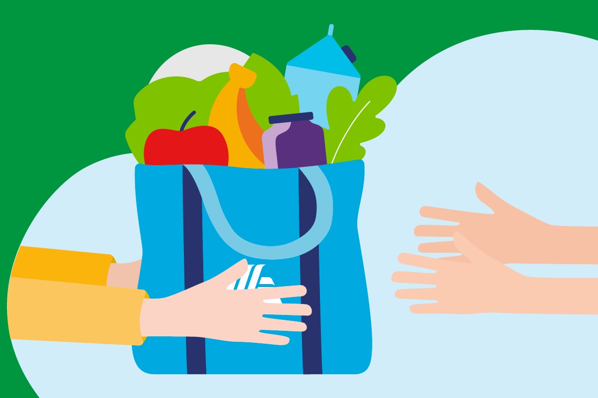 Illustration einer Einkaufstüte, gefüllt mit Lebensmitteln, die einer Person überreicht wird.