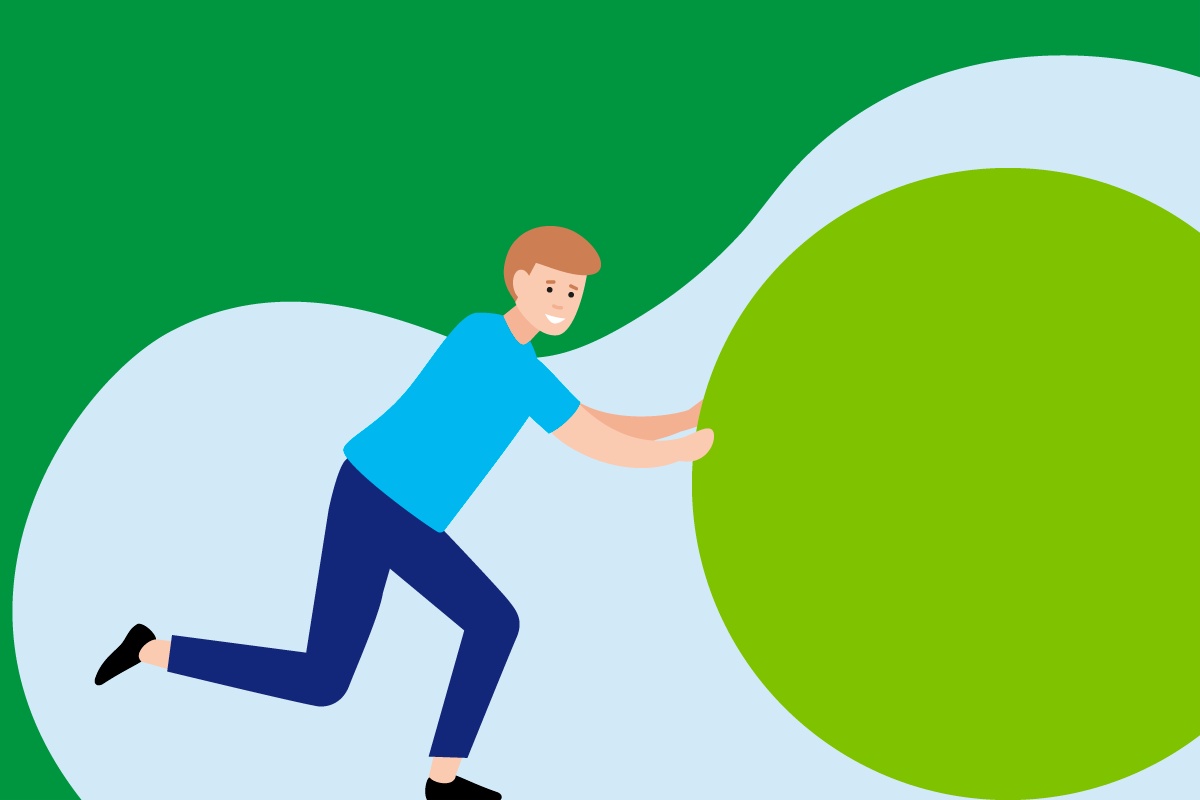 Grafik eines Mannes in blauem Hemd, der einen großen grünen Ball rollt.