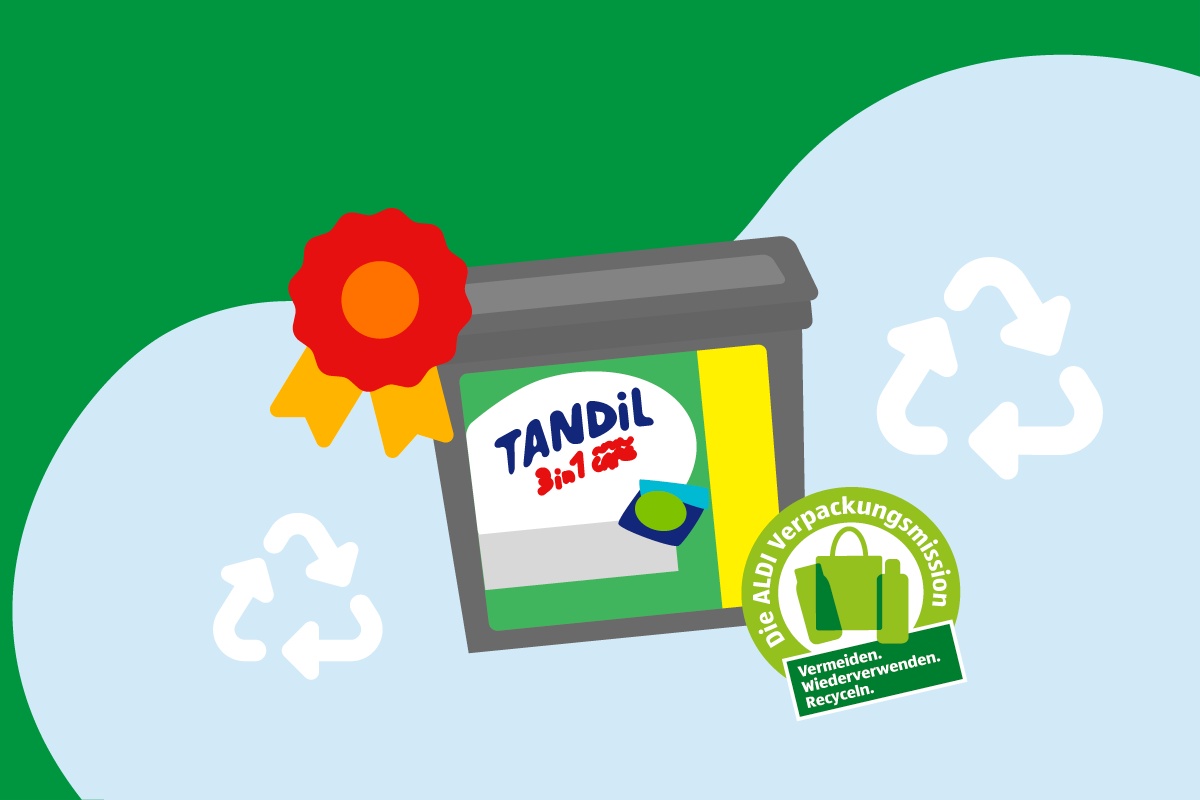 Grafik eines Tandil-Produkts mit Recycling-Symbolen und einem roten Preisband auf grün-blauem Hintergrund.