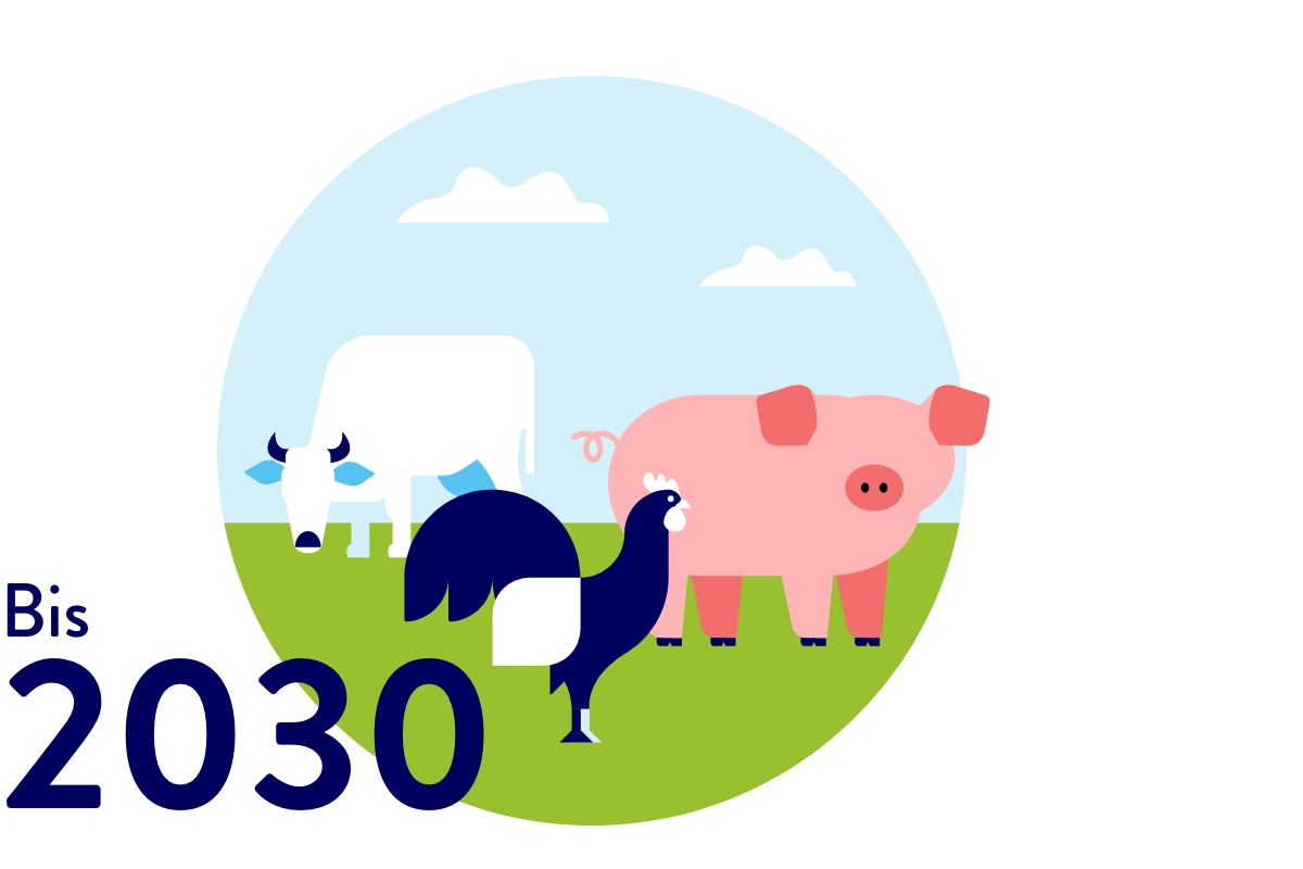 Illustration von Kuh, Schwein und Hahn auf Wiese.