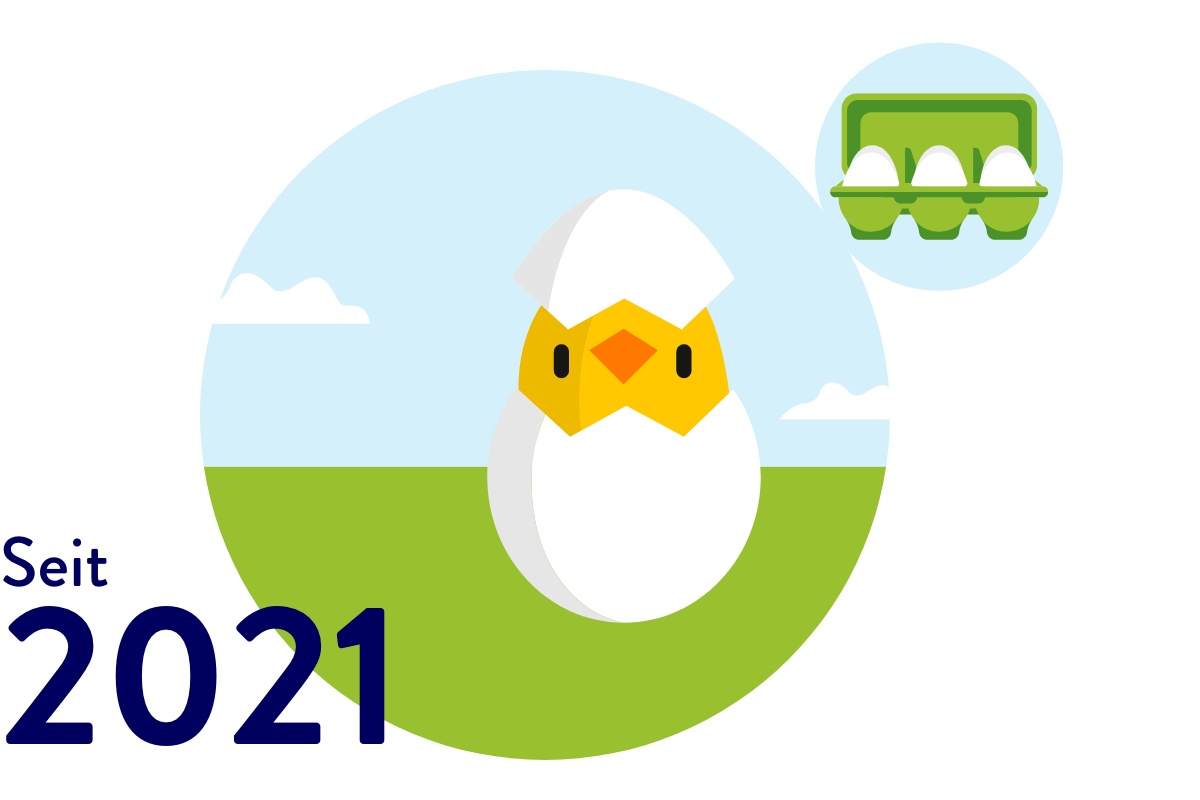 Illustration eines frisch geschlüpften Kükens auf Wiese, Eierkarton im Hintergrund.