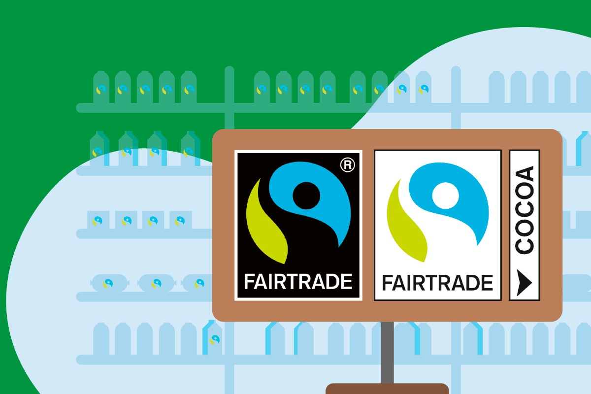 Illustration eines Fairtrade-Logos auf einem Schild vor Supermarktregal mit fairtrade-zertifizierten Produkten.