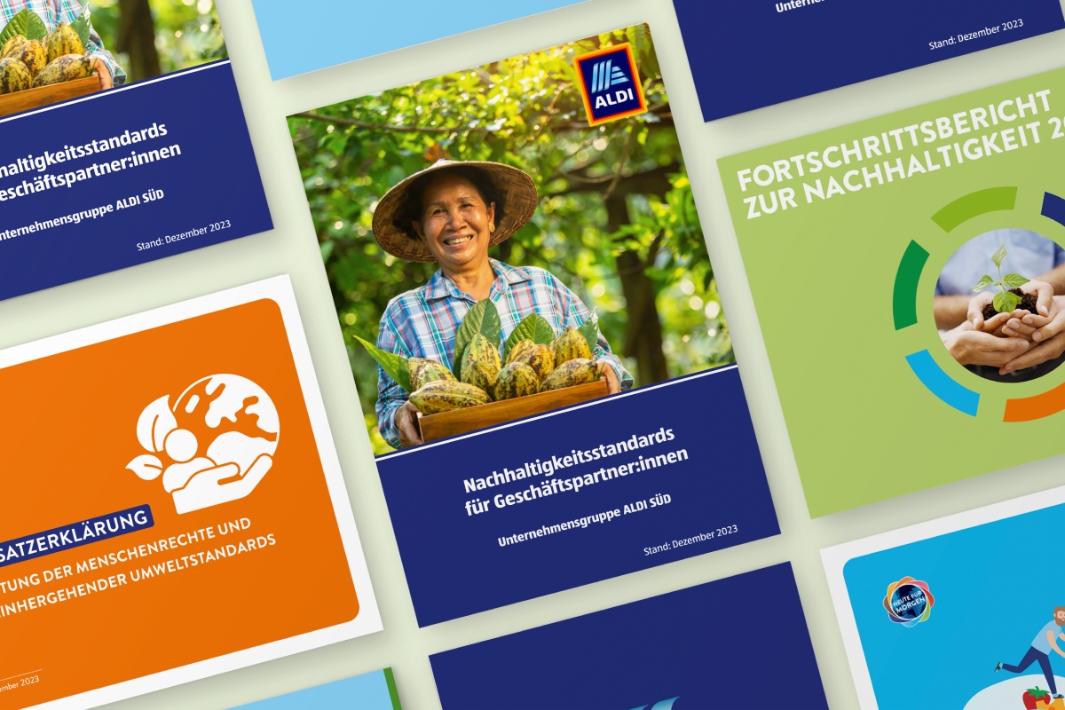 Collage aus Publikationen von ALDI SÜD zu Nachhaltigkeit.