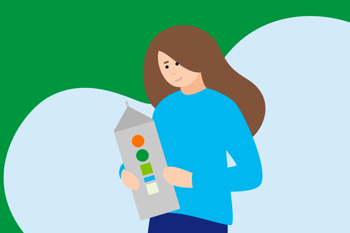 Illustration einer Frau in blauem Pulli hält Tetrapak vor grün-blauem Hintergrund.