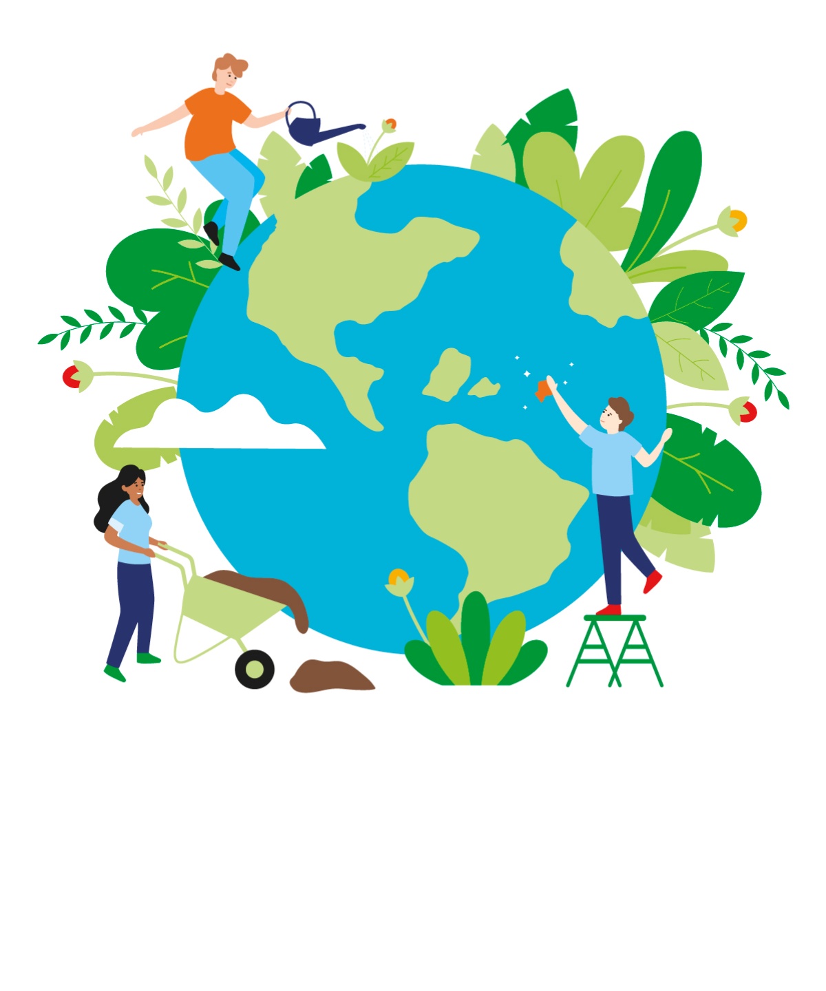 Eine Grafik von Menschen, die gemeinsam den Planeten aufbessern.