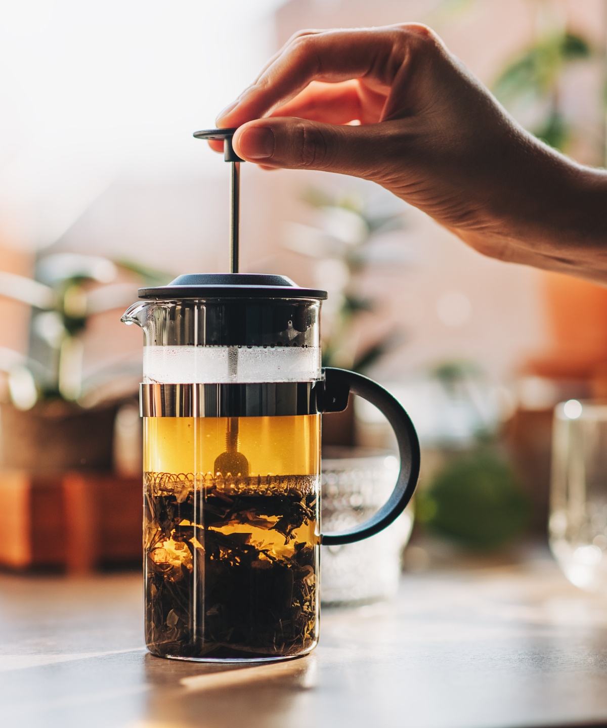 Eine Hand drückt eine French Press mit Tee herunter.