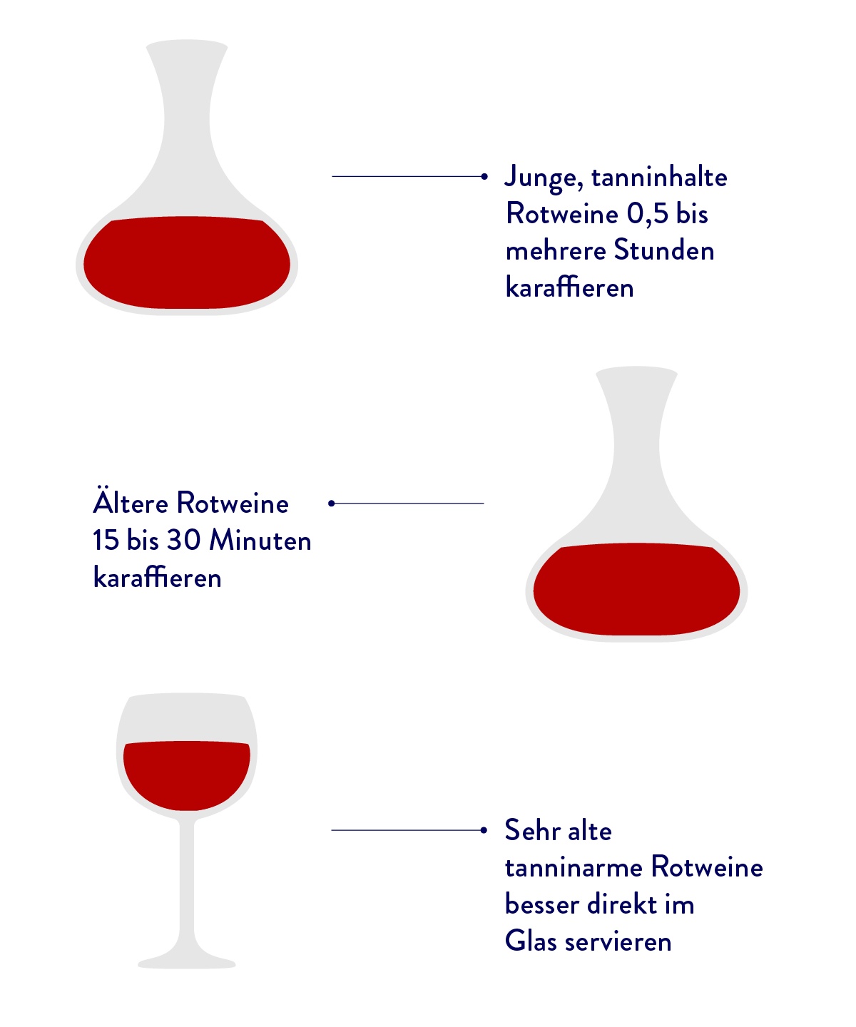 Infografik zum Thema Wein dekantieren, die zeigt, wie lange verschiedene Rotweine karaffiert werden sollten.