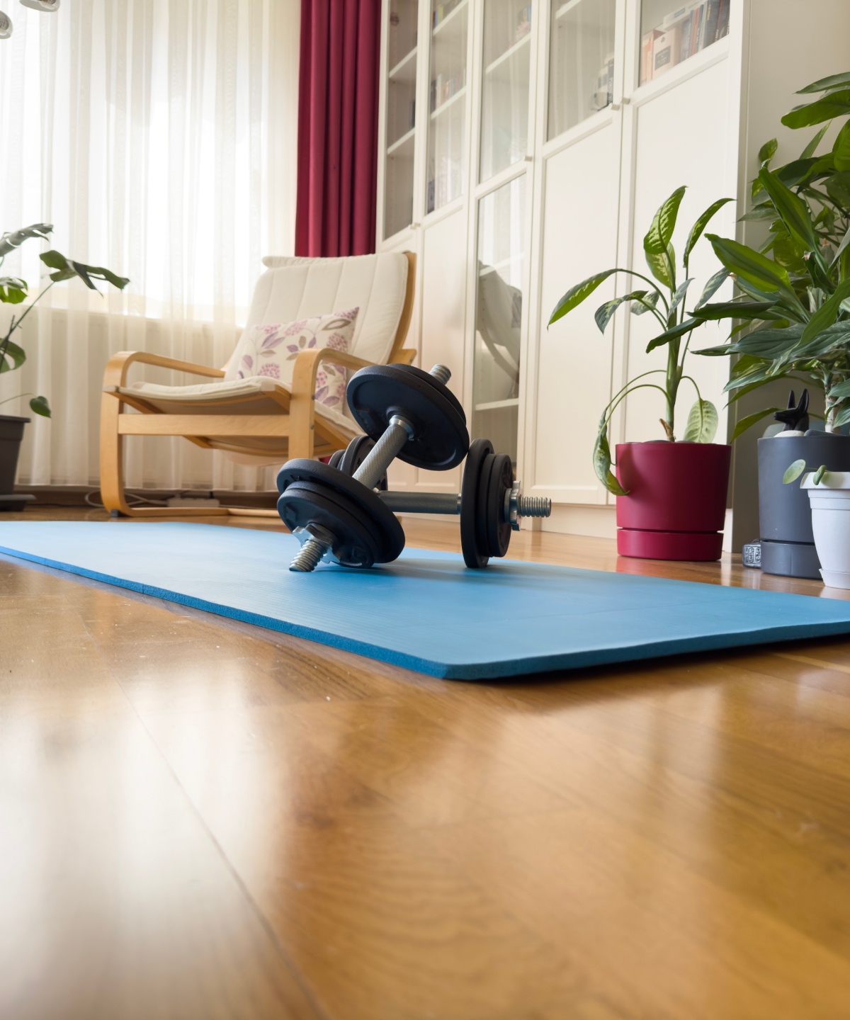 Hanteln liegen auf blauer Yogamatte in gemütlichem Wohnzimmer mit Holzboden.