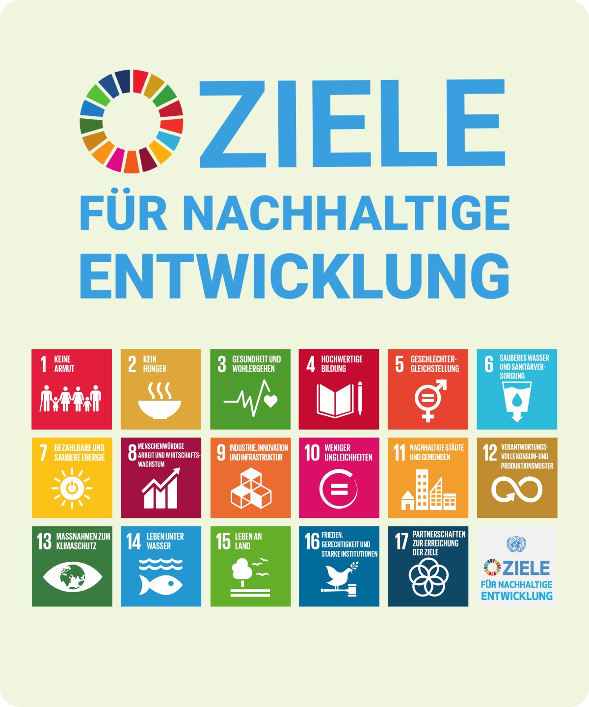 Logo der Ziele für nachhaltige Entwicklung mit buntem Kreis und blauem Text auf hellgrünem Hintergrund.
