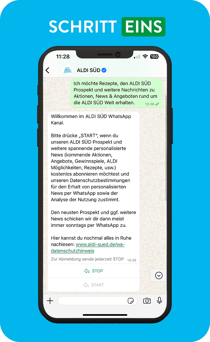 Smartphone mit geöffnetem ALDI SÜD Whatsapp-Channel