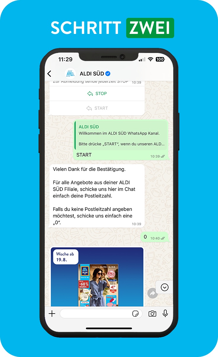Smartphone mit geöffnetem ALDI SÜD Whatsapp-Channel