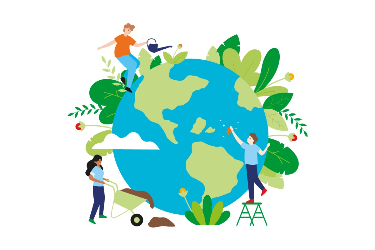 Eine Grafik von Menschen, die gemeinsam den Planeten verbessern.