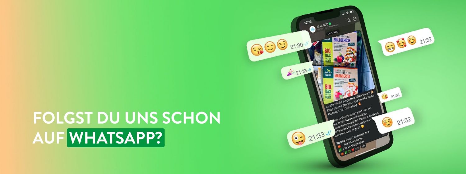 Smartphone mit geöffnetem ALDI SÜD WhatsApp-Kanal