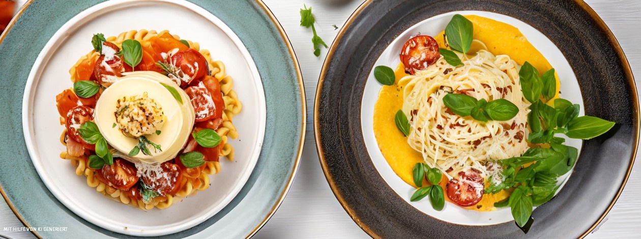 Zwei Teller Pasta mit frischen Kräutern und cremigen Soßen dekoriert.