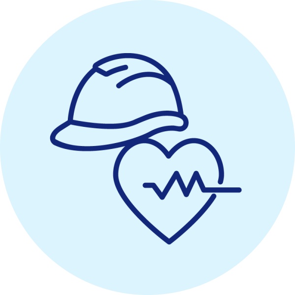 Illustration eines Sicherheitshelms und eine Herzens mit Pulslinie.