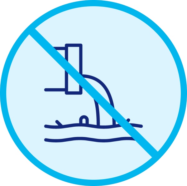 Illustration einer Rohrleitung, deren Wasser auf naturbelassenen Boden fließt. Durschgestrichen.