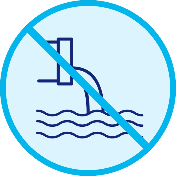 Illustration einer Rohrleitung, deren Wasser in naturbelassene Gewässer fließt. Durchgestrichen.