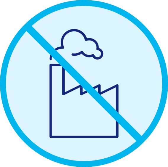 Illustration einer Fabrik mit einer austretenden Rauchwolke, die durchgestrichen ist.