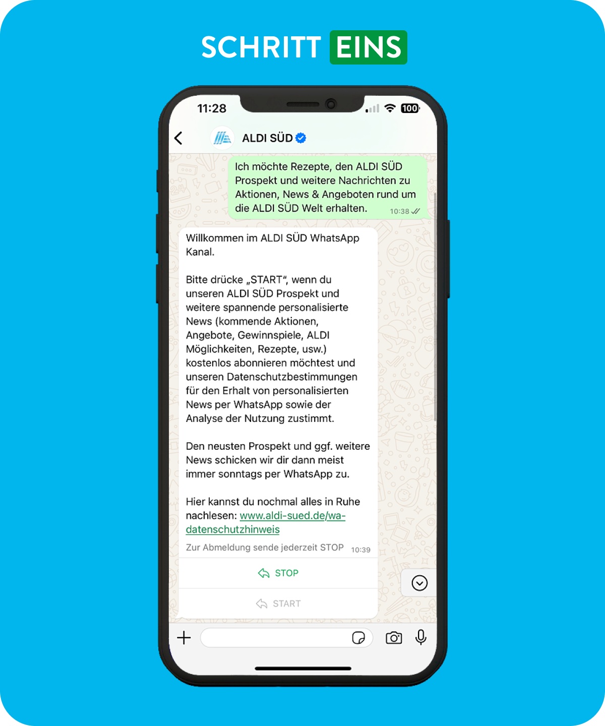 Smartphone mit geöffnetem ALDI SÜD Whatsapp-Channel
