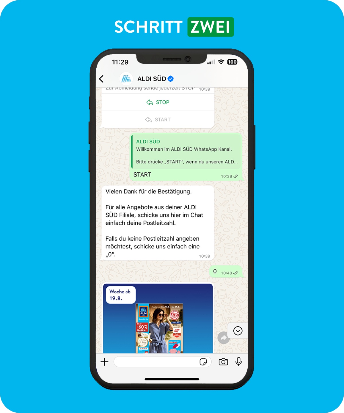 Smartphone mit geöffnetem ALDI SÜD Whatsapp-Channel
