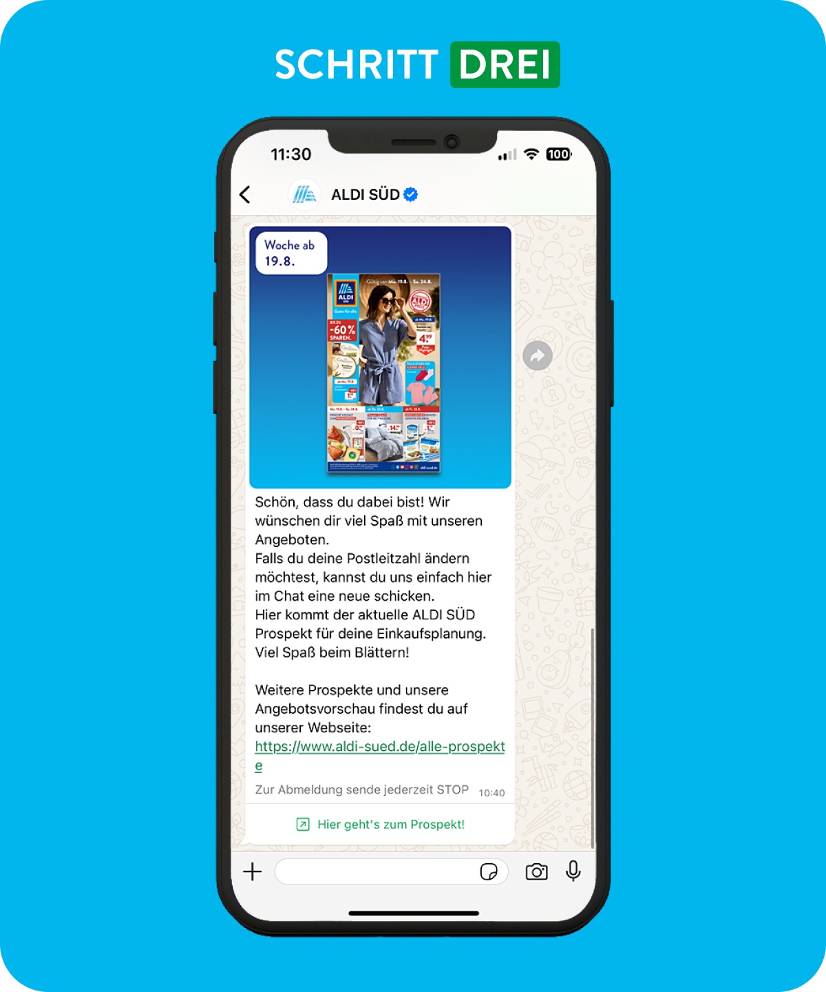 Smartphone mit geöffnetem ALDI SÜD Whatsapp-Channel