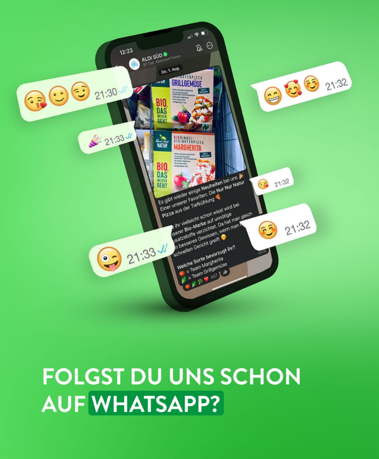 Smartphone mit geöffnetem ALDI SÜD WhatsApp-Kanal
