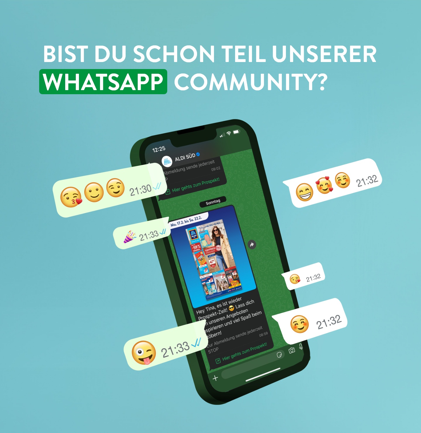 Smartphone mit geöffnetem ALDI SÜD WhatsApp-Kanal