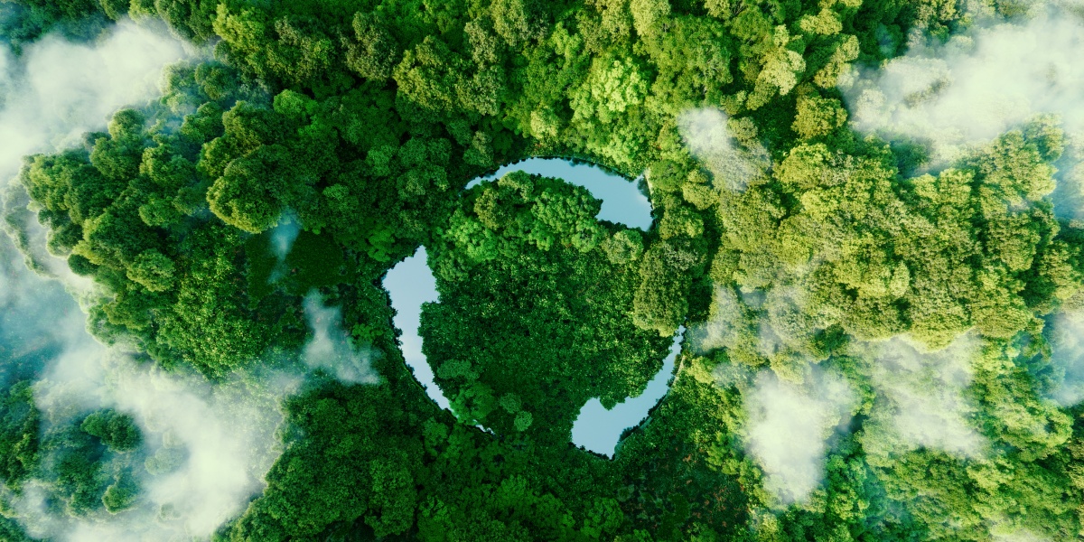 Recycling-Symbol aus 3 Seen in Waldgebiet.