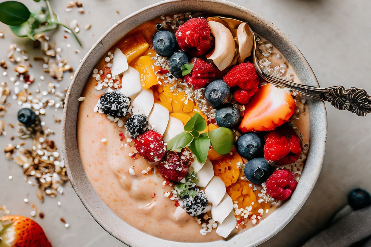Nahaufnahme einer Bowl aus frischem Obst, Joghurt und Beeren.