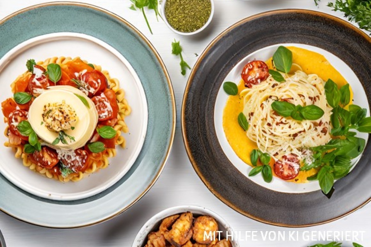 Zwei Teller Pasta mit frischen Kräutern und cremigen Soßen dekoriert.