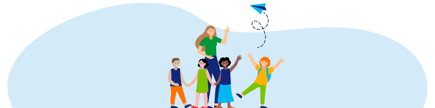 Grafik einer Frau, die mit Kindern und einem Papierflieger spielt.