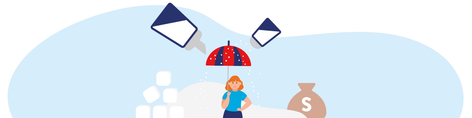 Grafik einer Frau mit Regenschirm, die aus Salz- und Zuckerstreuern berieselt wird.