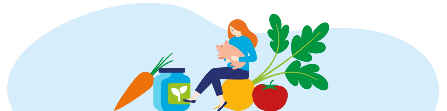 Grafik einer Frau, die auf großem Gemüse sitzt und ein Schwein im Arm hält.