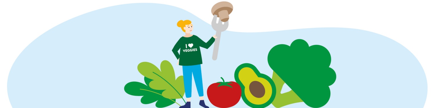 Eine Grafik einer Frau, die zwischen Gemüse steht.