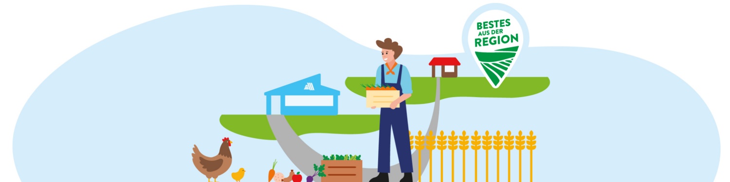 Grafik von Landwirt mit Hühnern und Gemüse.