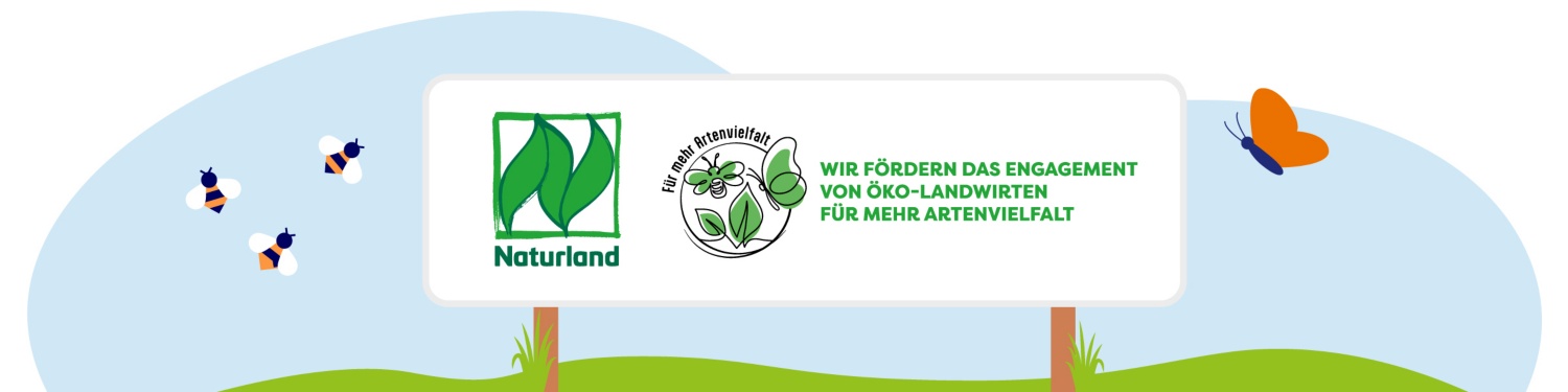 Illustration eines Schilds mit dem Naturland Logo, neben dem Bienen und ein Schmetterling fliegen.