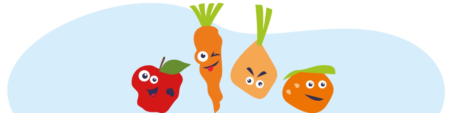 Grafik von lustigem Gemüse und Obst mit Gesichtern.