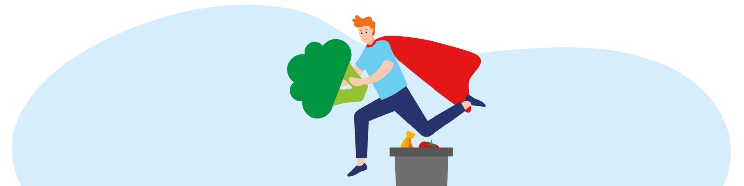 Eine Grafik eines jungen Mannes, der mit Superheldenumhang einen Brokkoli vor der Mülltonne rettet.