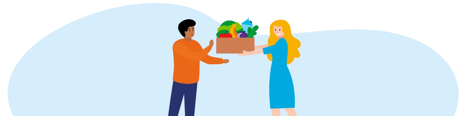 Grafik in der eine Frau einem Mann eine Kiste voller gespendeter Lebensmittel überreicht.