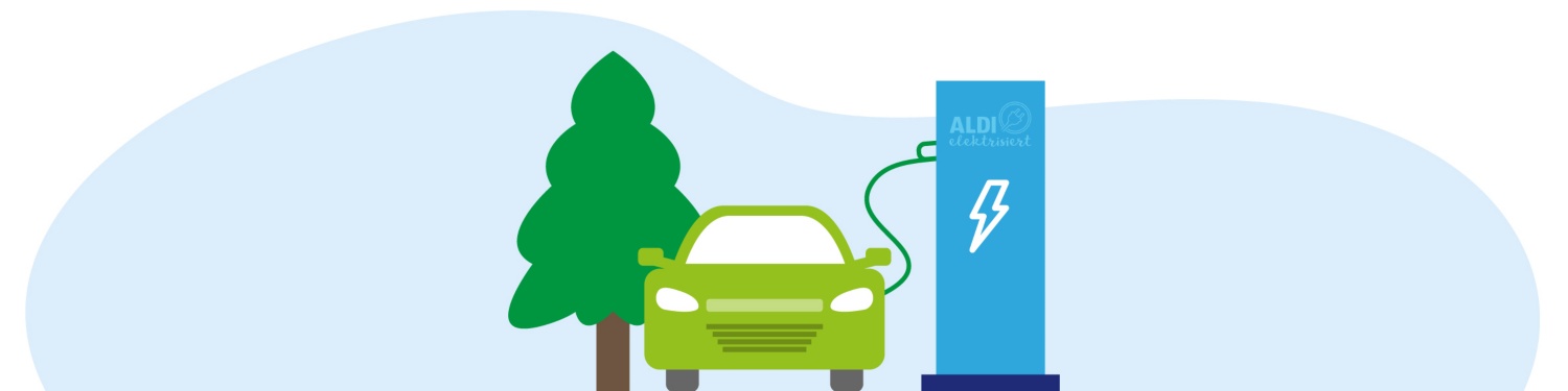 Grafik eines E-Autos an der Ladesäule, daneben ein grüner Baum.