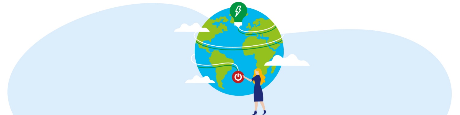 Grafik einer Frau, die auf den Powerknof der Weltkugel drückt.