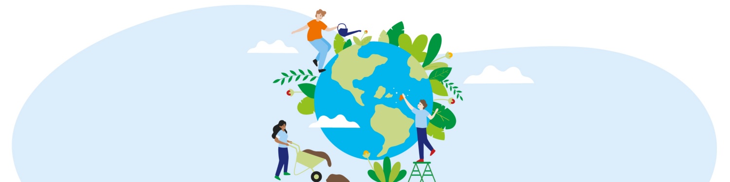 Grafik mit Menschen, die auf der Erdkugel gärtnern.