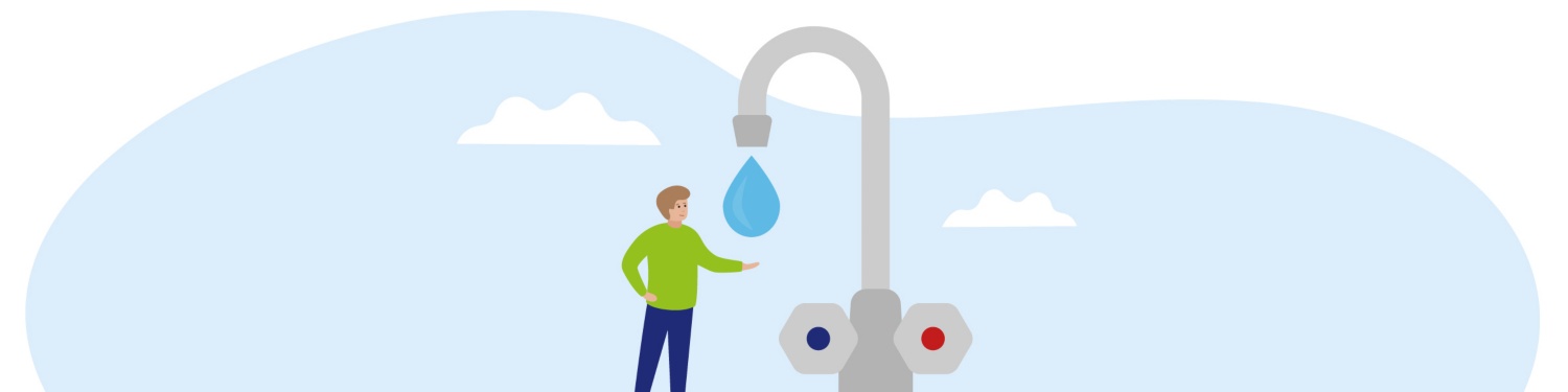 Grafik einer Person neben einem überdimensionalen und tropfenden Wasserhahn.