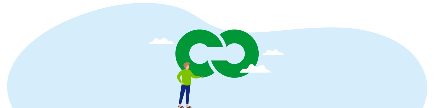 Illustration einer Person in grüner Kleidung, die ein grünes Unendlichkeitssymbol vor einem blauen Himmel hält.