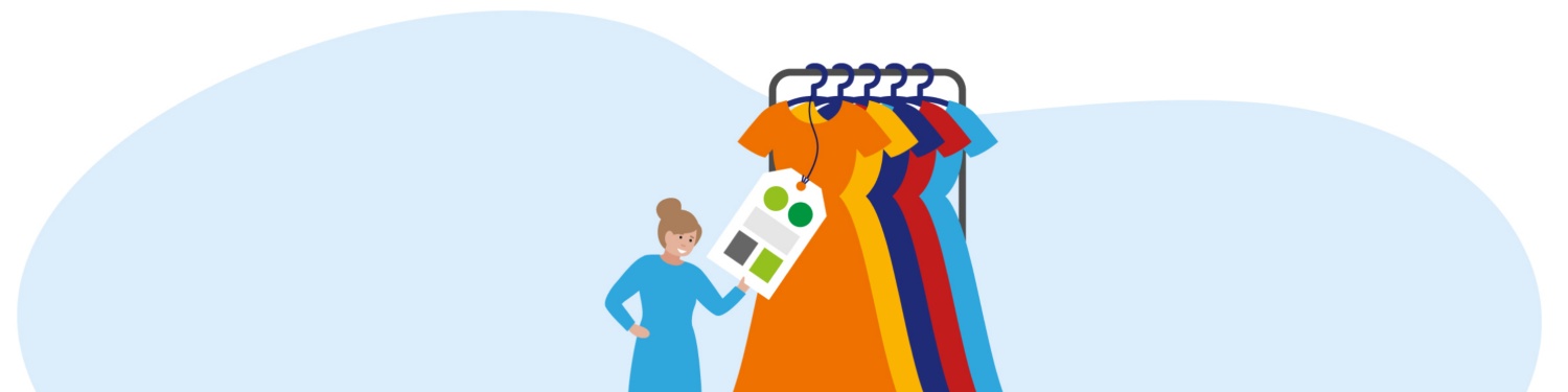 Grafik Frau liest Nachhaltigkeitssiegel an Kleidern.