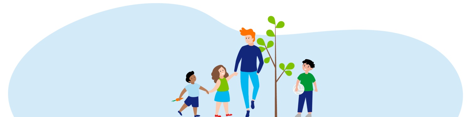 Grafik von Kindern, die Hände haltend um einen jungen herum Baum stehen.