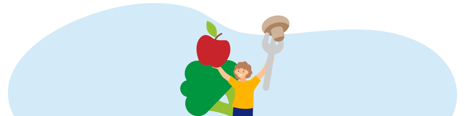 Grafik einer Person, die einen übergroßen Apfel und einen überdimensionalen Pilz, aufgespießt auf einer überdimensionalen Gabel, hochhält. Im Hintergrund ein überdimensionaler Brokkoli.