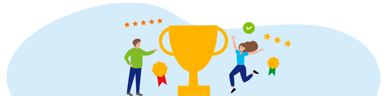 Eine Grafik von zwei Personen, die vor einem großen Pokal feiern, umgeben von Sternen und Auszeichnungen.